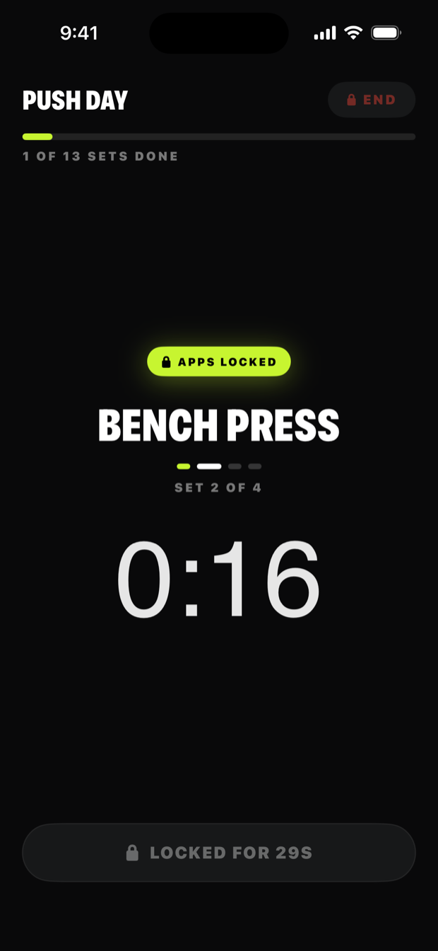 LiftLock during a set: apps locked, set timer running